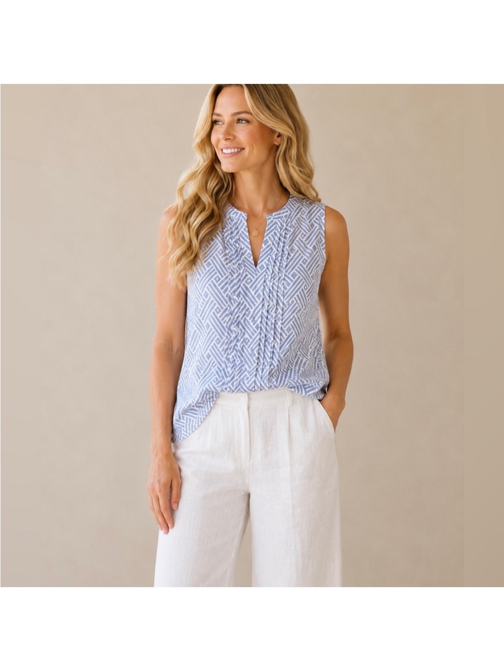 41 Hawthorn Light Blue Geometric Sleeveless Pintuck Top